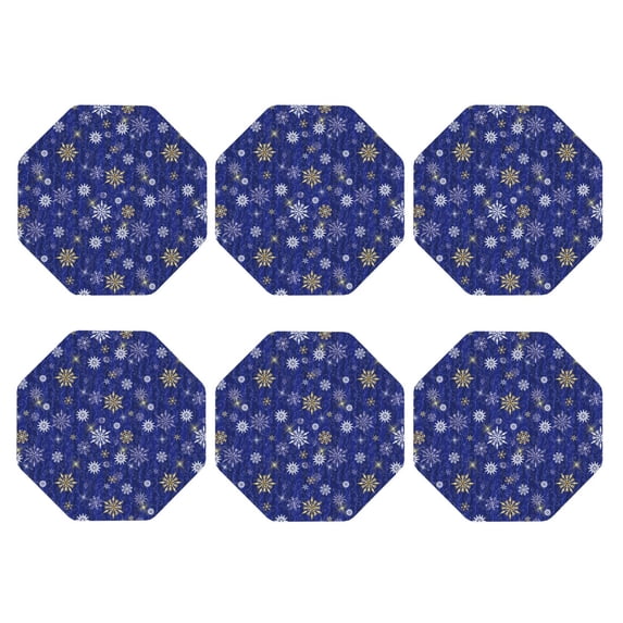 Bingfone Vintage Golden Snowflakes Royal Blue Leather Drinks Coasters with Set of 6,Suitable for Home Kitchen,Coffee Cup Coasters Home Gift