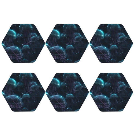 Bingfone Vintage Ice blue light spot jellyfish Leather Drinks Coasters with Set of 6,Suitable for Home Kitchen,Coffee Cup Coasters Home Gift