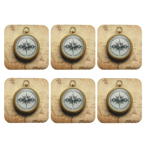 Bingfone Vintage Magnetic Old Compass On World Map Leather Drinks Coasters with Set of 6,Suitable for Home Kitchen,Coffee Cup Coasters Home Gift