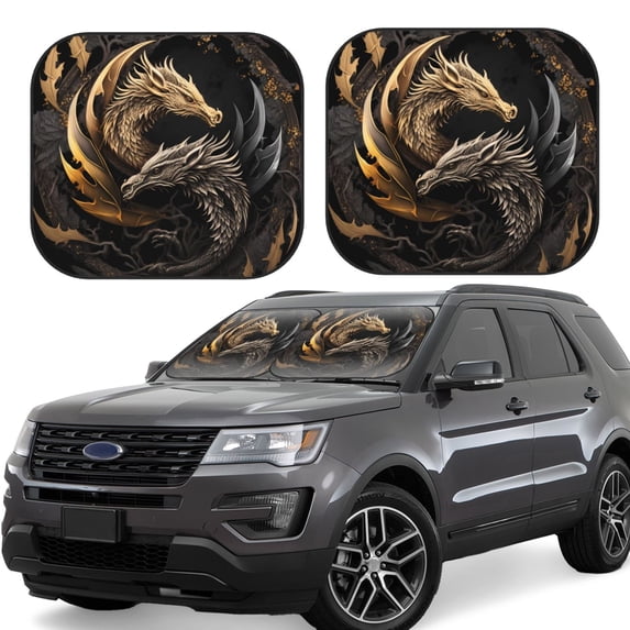 Bingfone Vintage Metal Dragon Windshield Sun Shade 2-Piece Foldable Car Front Window Sunshade for Most Sedans SUV Truck - Small