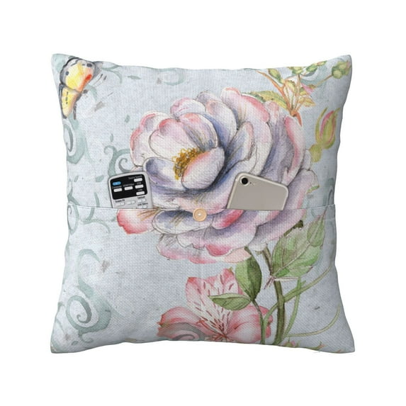 Bingfone Vintage Rose Linen Throw Pillow Covers Cushion Case Pocket Button Vintage Farmhouse Pillowcase For Sofa Couch Bed 16"X16"