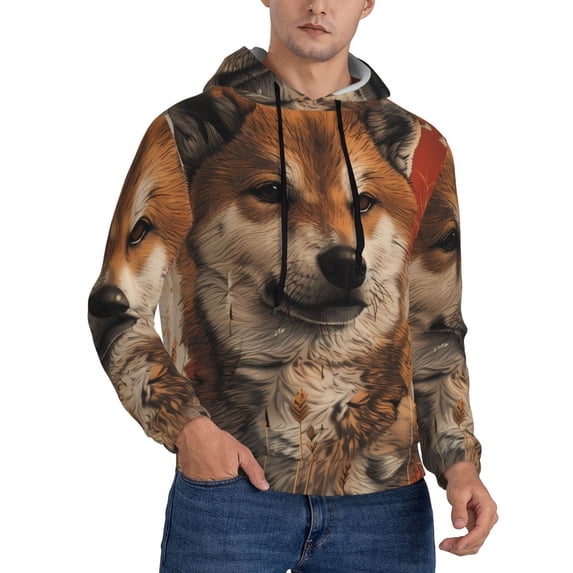 Bingfone Vintage Shiba Inu Art Men's Drawstring Hoodie Long Sleeve Pocket Sweatshirts-Medium