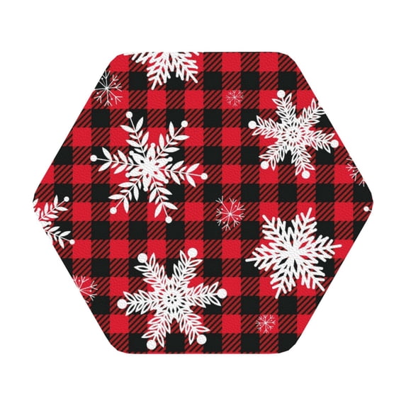Bingfone Vintage Snowflakes On A Buffalo Plaid Christmas Leather Drinks Coasters With Set Of 6,Suitable For Home Kitchen,Coffee Cup Coasters Home Gift