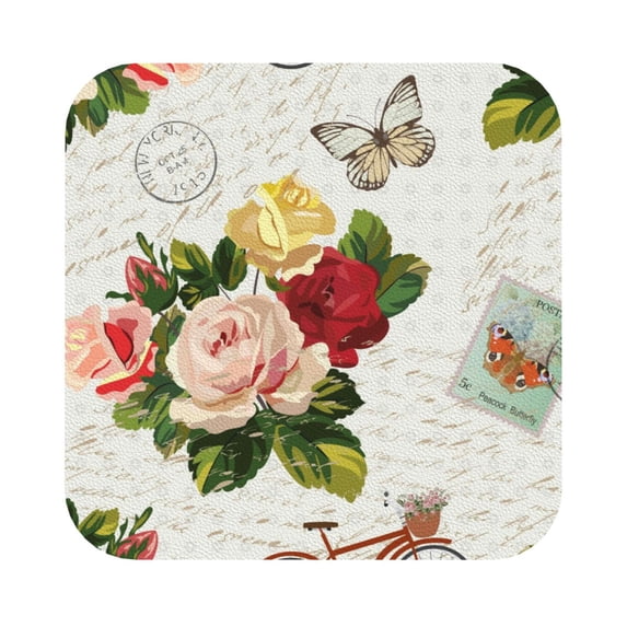 Bingfone Vintage Vintage Bike Flower Butterfly Leather Drinks Coasters With Set Of 6,Suitable For Home Kitchen,Coffee Cup Coasters Home Gift