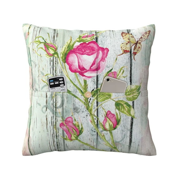 Bingfone Vintage Wood Background With Floral Linen Throw Pillow Covers Cushion Case Pocket Button Vintage Farmhouse Pillowcase For Sofa Couch Bed 20"X20"