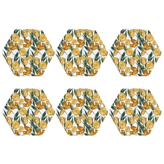 Bingfone Vintage Yellow Tulips Leather Drinks Coasters with Set of 6,Suitable for Home Kitchen,Coffee Cup Coasters Home Gift