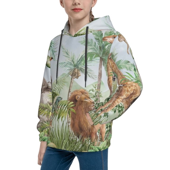 Bingfone Watercolor African Animals Wildlife Pattern Youth Classic Hoodies Soft Hooded Pullover Sweatshirts for Girls and Boys