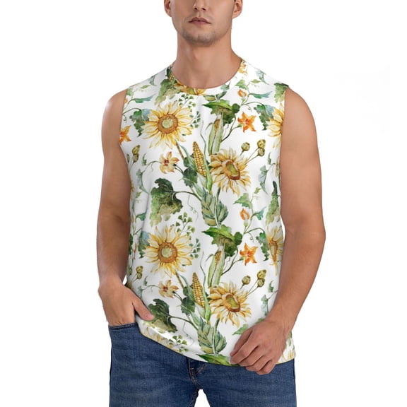 Bingfone Watercolor Bright Sunflowers Pattern Men's Tank Tops Workout Sleeveless Tee Shirts Running Beach Tanks for Men-XX-Large