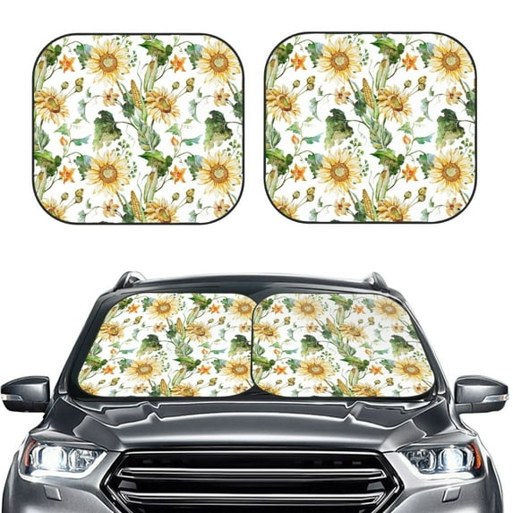 Bingfone Watercolor Bright Sunflowers Print 2-Piece Sun Shade Front Windshield - Foldable Car Front Window Sunshades For Most Sedans Suv Truck - Medium