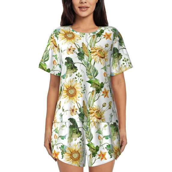 Bingfone Watercolor Bright Sunflowers Print Pajamas Sets for Women Soft Short-Sleeved Pjs with Lounge Shorts Two Piece Sleepwear