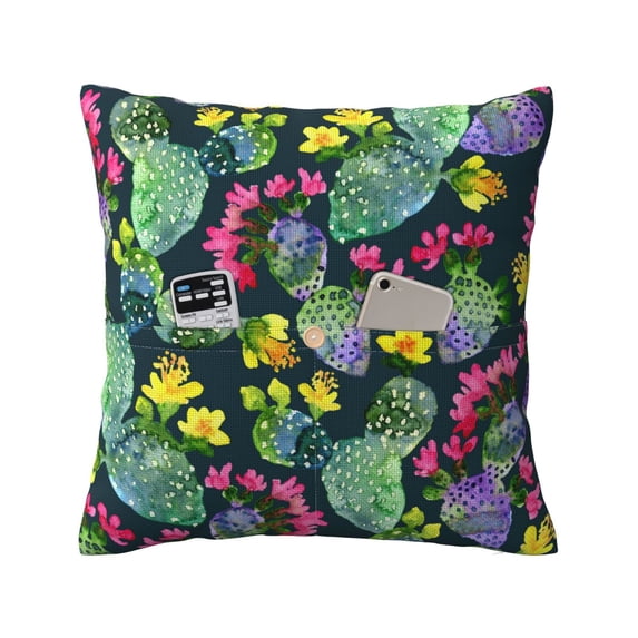Bingfone Watercolor Cactuses Linen Throw Pillow Covers Cushion Case Pocket Button Vintage Farmhouse Pillowcase For Sofa Couch Bed 20"X20"
