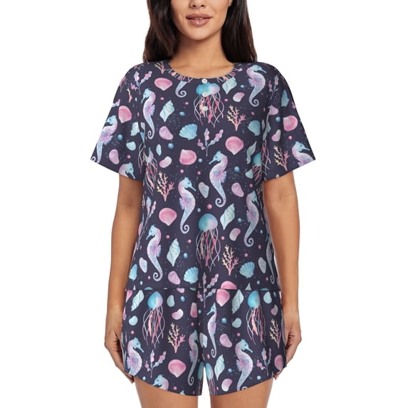 Bingfone Watercolor Marine Animals Print Pajamas Sets for Women Soft Short-Sleeved Pjs with Lounge Shorts Two Piece Sleepwear