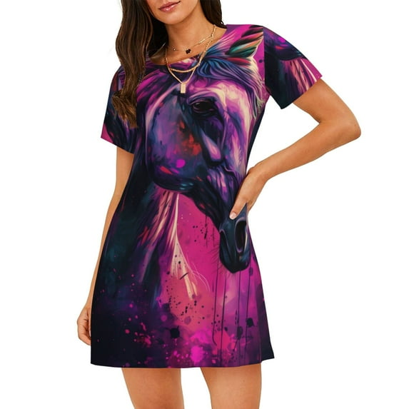 Bingfone Watercolor Painting White Horse Nightgowns for Women Sleep Shirts Short Sleeve Nightshirt Pullover Nightdress Soft Sleepwear