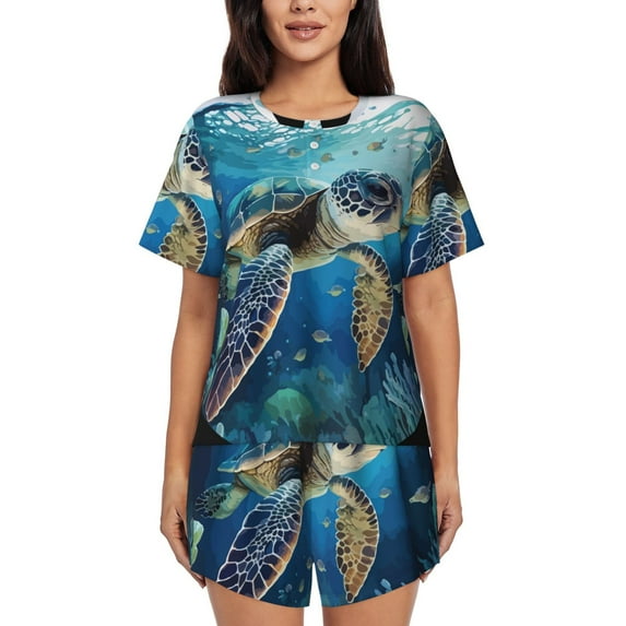 Bingfone Watercolor Turtle4 Print Pajamas Sets for Women Soft Short-Sleeved Pjs with Lounge Shorts Two Piece Sleepwear
