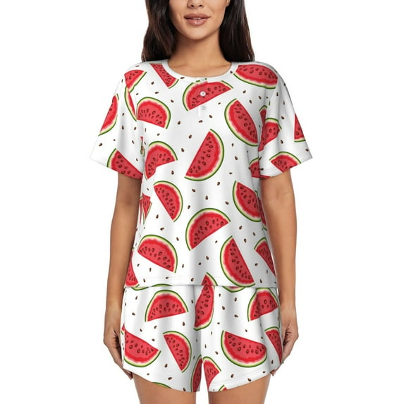 Bingfone Watermelon Print Pajamas Sets for Women Soft Short-Sleeved Pjs with Lounge Shorts Two Piece Sleepwear
