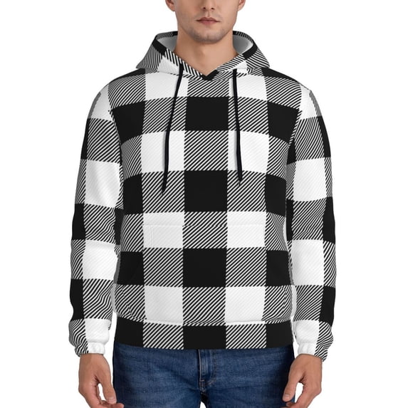 Bingfone White And Black Plaid Men'S Drawstring Hoodie Long Sleeve Pocket Sweatshirts-Medium