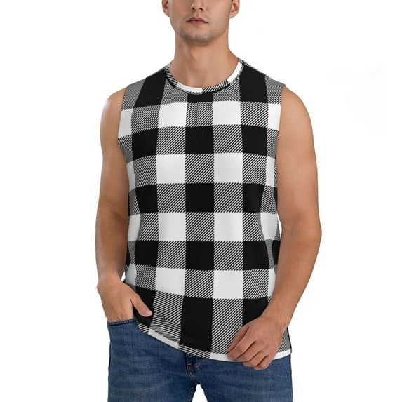 Bingfone White And Black Plaid Pattern Men's Tank Tops Workout Sleeveless Tee Shirts Running Beach Tanks for Men-Large