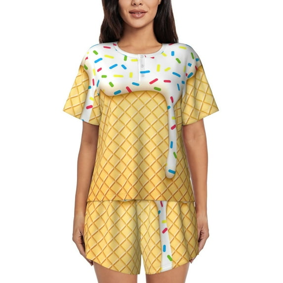 Bingfone White Ice Cream Print Pajamas Sets for Women Soft Short-Sleeved Pjs with Lounge Shorts Two Piece Sleepwear