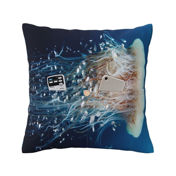 Bingfone White Jellyfish Dansing in the Ocean Linen Throw Pillow Covers Cushion Case Pocket Button Vintage Farmhouse Pillowcase for Sofa Couch Bed 16"x16"