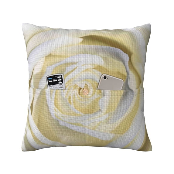 Bingfone White Rose Linen Throw Pillow Covers Cushion Case Pocket Button Vintage Farmhouse Pillowcase for Sofa Couch Bed 16"x16"