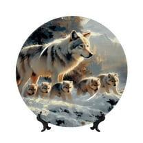 Bingfone Wolf Family Winter Wonderland Print Bone China Dinner Decorative Plates,Handmade Ceramic Dinner Plate with Stand for Home Club-6in