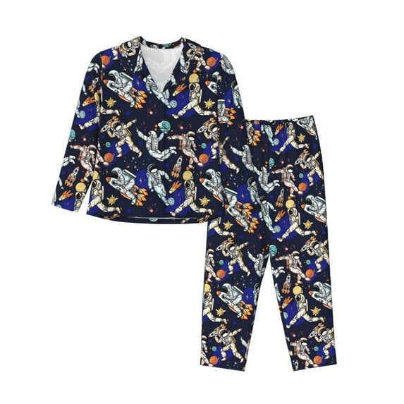 Bingfone Womens Pajama Sets Astronauts in sport Print,Long Sleeve Loungewear Pajamas Set-Large