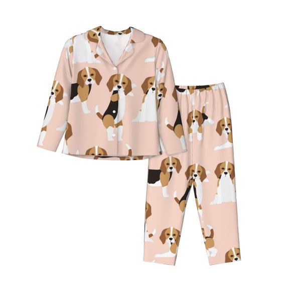 Bingfone Womens Pajama Sets Beagle Dog On Brown Print,Long Sleeve Loungewear Pajamas Set-Small