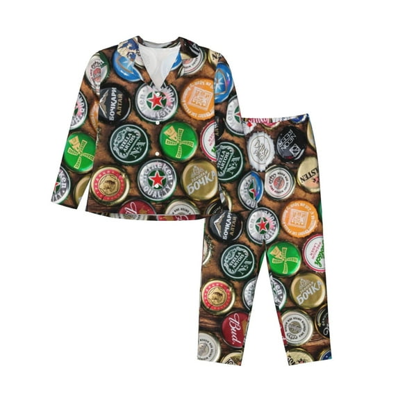 Bingfone Womens Pajama Sets Beer Caps Print,Long Sleeve Loungewear Pajamas Set-X-Large