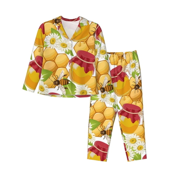 Bingfone Womens Pajama Sets Bees Honeycomb Print,Long Sleeve Loungewear Pajamas Set-Medium