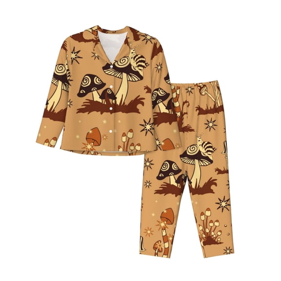 Bingfone Womens Pajama Sets Brown Mushrooms Print,Long Sleeve Loungewear Pajamas Set-Small