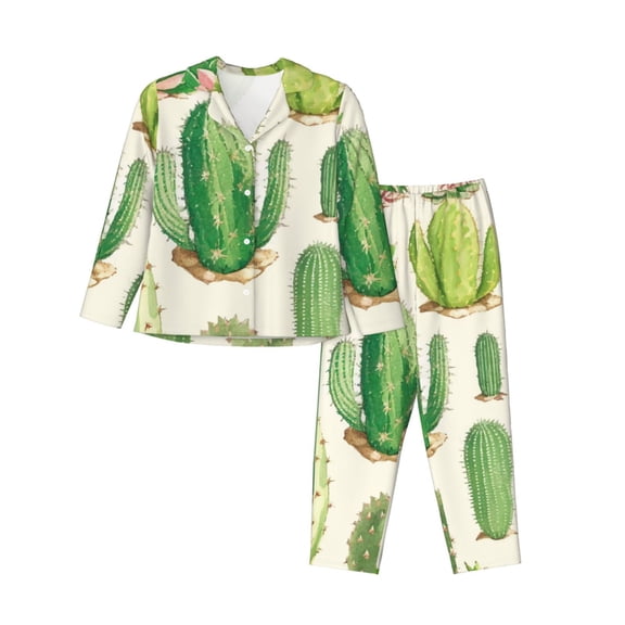 Bingfone Womens Pajama Sets Cactus And Succulent Print,Long Sleeve Loungewear Pajamas Set-Large