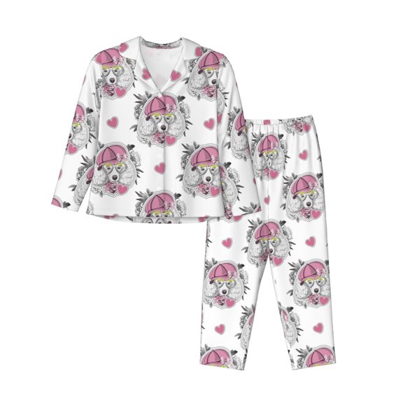 Bingfone Womens Pajama Sets Cartoon Poodle Dog Print,Long Sleeve Loungewear Pajamas Set-Large
