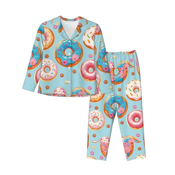 Bingfone Womens Pajama Sets Colorful Donut Print,Long Sleeve Loungewear Pajamas Set-X-Large