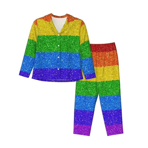 Bingfone Womens Pajama Sets Colorful Glitter Rainbow Print,Long Sleeve Loungewear Pajamas Set-Large