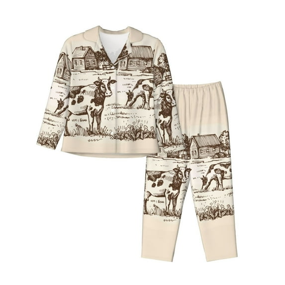 Bingfone Womens Pajama Sets Cows On The Farm Print,Long Sleeve Loungewear Pajamas Set-Medium