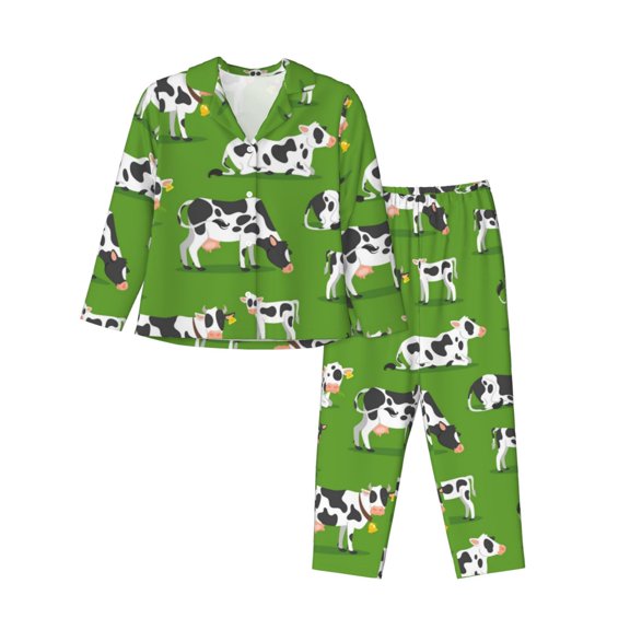 Bingfone Womens Pajama Sets Cows With Calfs Green Print,Long Sleeve Loungewear Pajamas Set-Small