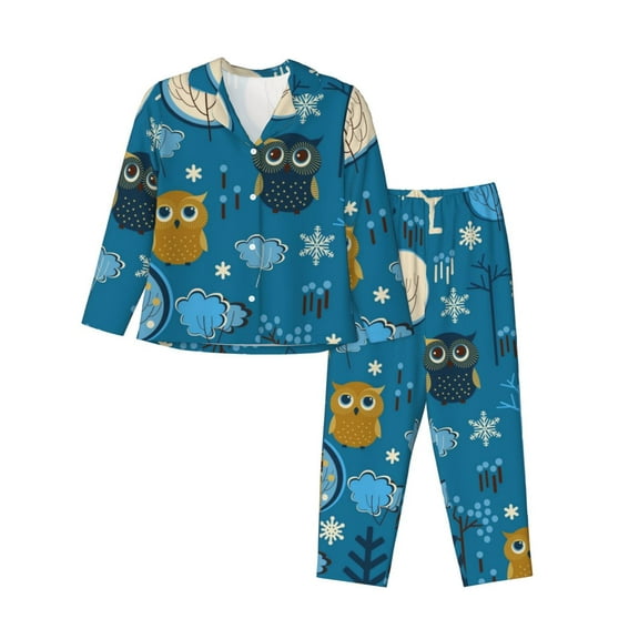 Bingfone Womens Pajama Sets Cute Colorful Owls And Trees Print,Long Sleeve Loungewear Pajamas Set-Small