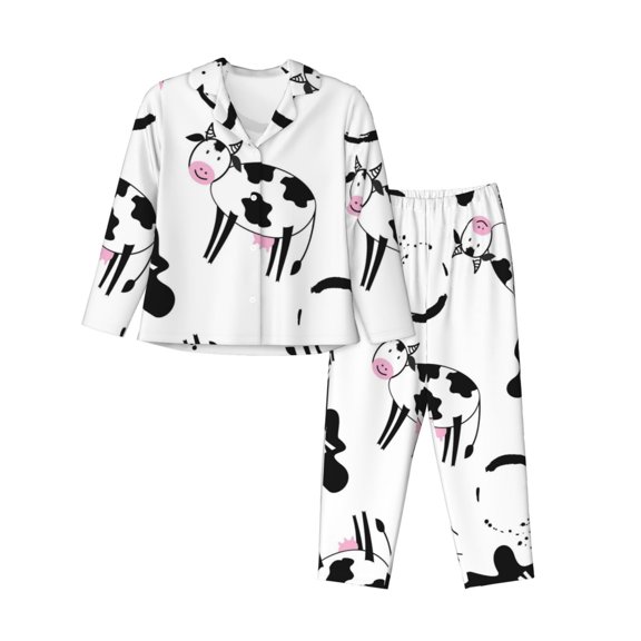 Bingfone Womens Pajama Sets Cute Cow And Milk Stains Print,Long Sleeve Loungewear Pajamas Set-Small