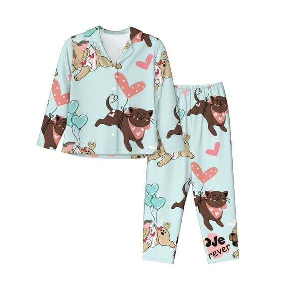 Bingfone Womens Pajama Sets Cute Pug Dogs Print,Long Sleeve Loungewear Pajamas Set-Small