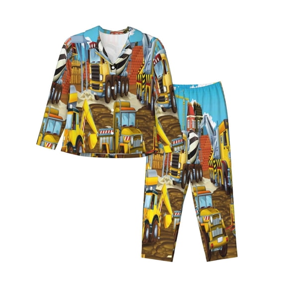 Bingfone Womens Pajama Sets Different Construction Site Vehicles Print,Long Sleeve Loungewear Pajamas Set-X-Large