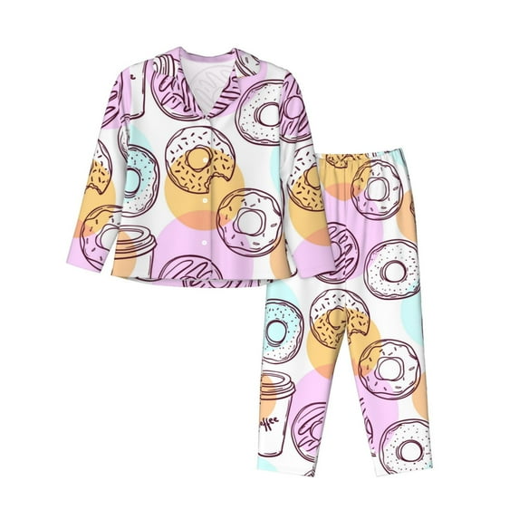 Bingfone Womens Pajama Sets Donuts And Coffee Print,Long Sleeve Loungewear Pajamas Set-Xx-Large