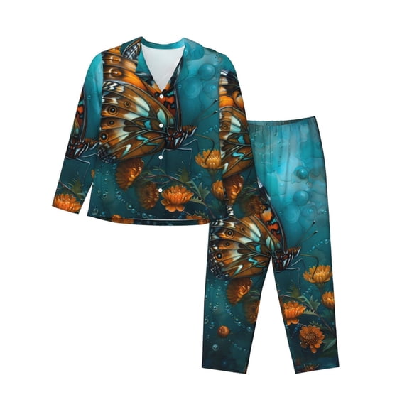 Bingfone Womens Pajama Sets Elegant Butterfly And Flowers Print,Long Sleeve Loungewear Pajamas Set-XX-Large