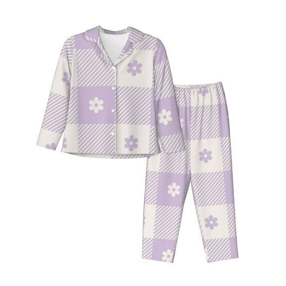 Bingfone Womens Pajama Sets Floral Purple Buffalo Plaid Print,Long Sleeve Loungewear Pajamas Set-Small