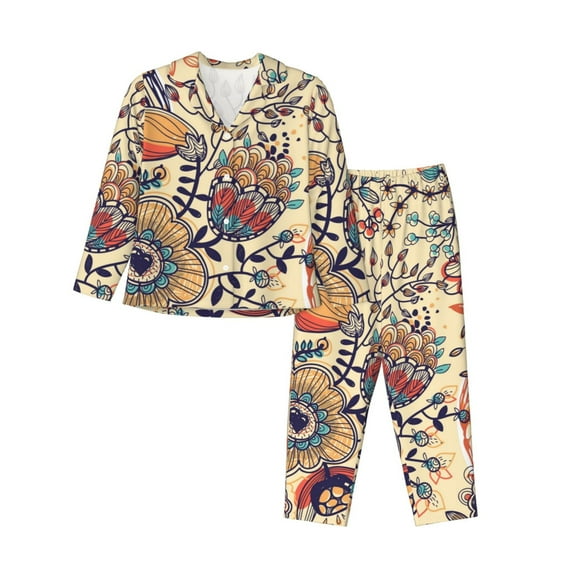 Bingfone Womens Pajama Sets Floral With Birds And Fantasy Flowers Print,Long Sleeve Loungewear Pajamas Set-Xx-Large