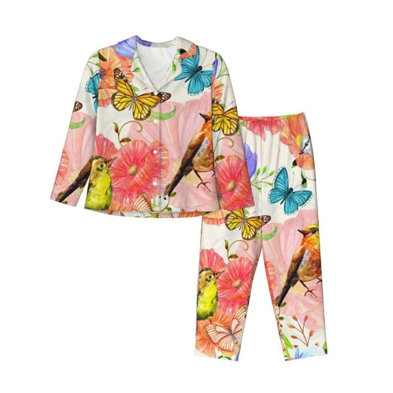 Bingfone Womens Pajama Sets Flowers And Birds Watercolor Print,Long Sleeve Loungewear Pajamas Set-X-Large