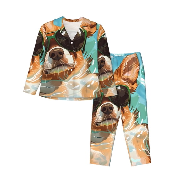 Bingfone Womens Pajama Sets Funny Swimming Chihuahua Print,Long Sleeve Loungewear Pajamas Set-Medium
