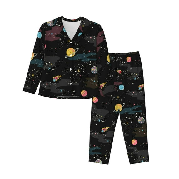 Bingfone Womens Pajama Sets Galaxy Print,Long Sleeve Loungewear Pajamas Set-X-Large