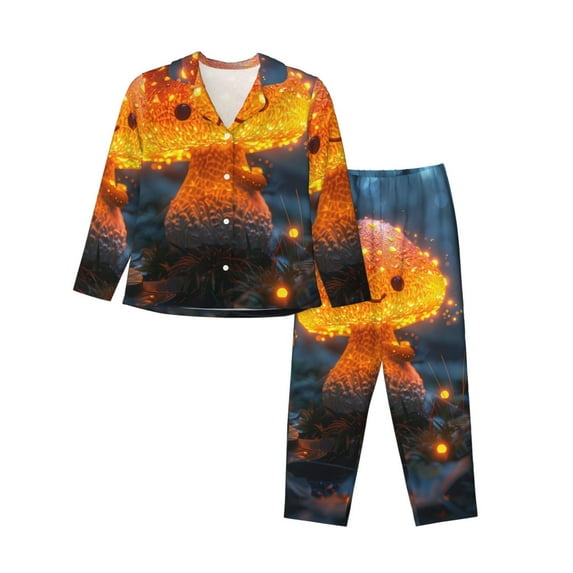 Bingfone Womens Pajama Sets Glowing Mushroom In Forest Print,Long Sleeve Loungewear Pajamas Set-X-Large