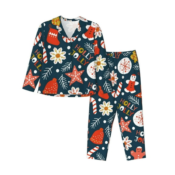 Bingfone Womens Pajama Sets Holiday Christmas Cookies Print,Long Sleeve Loungewear Pajamas Set-Small