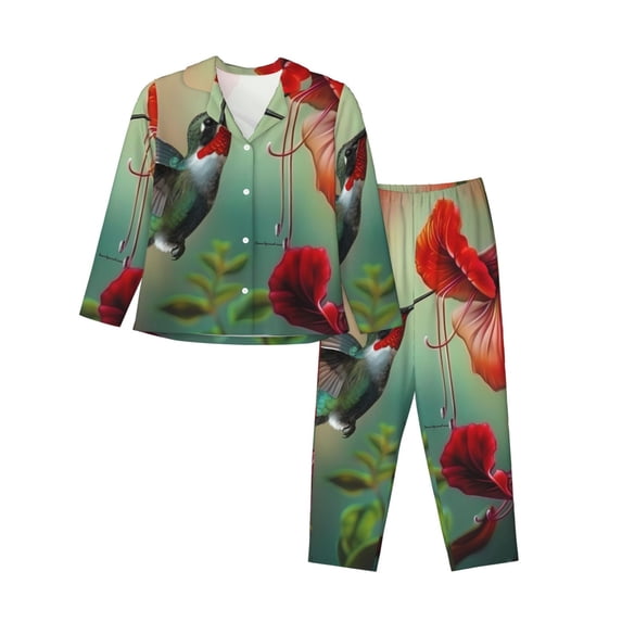 Bingfone Womens Pajama Sets Hummingbird Floral Paradise Print,Long Sleeve Loungewear Pajamas Set-Large